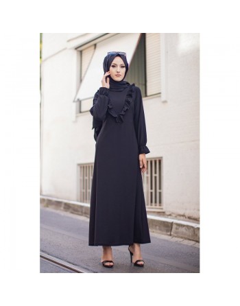 Robe longue habillée à volants (Vêtement style chic pour femme voilée) - Couleur noir 