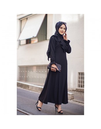Robe longue habillée à volants (Vêtement style chic pour femme voilée) - Couleur noir 