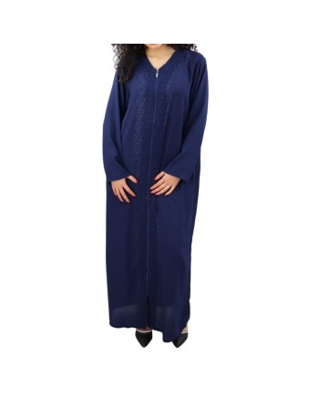 Robe / Abaya Longue à ouverture zip avec broderies et strass pour femme - ( Plusieurs couleurs disponibles) 