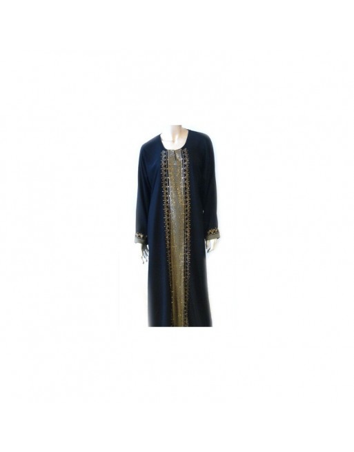 Abaya noire à strass dorés avec foulard assorti. Abaya noire à strass dorés avec foulard assorti.