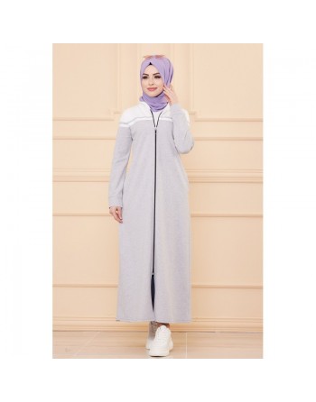 Robe longue à capuche fermeture zip (Boutique Mode Musulmane pour femmes voilées) - Couleur gris écru 