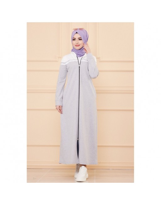Robe longue à capuche fermeture zip (Boutique Mode Musulmane pour femmes voilées) - Couleur gris écru 