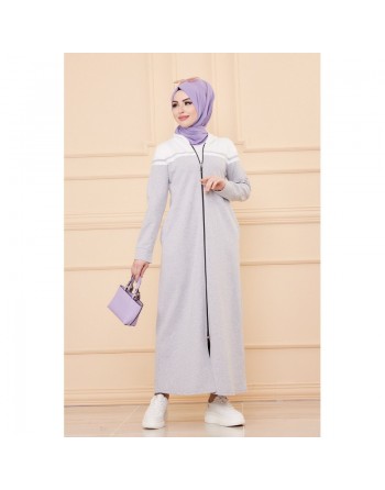 Robe longue à capuche fermeture zip (Boutique Mode Musulmane pour femmes voilées) - Couleur gris écru 