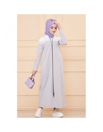 Robe longue à capuche fermeture zip (Boutique Mode Musulmane pour femmes voilées) - Couleur gris écru 