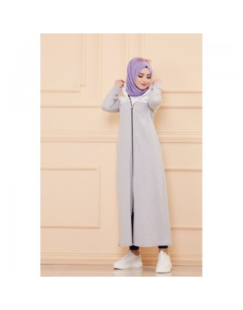Robe longue à capuche fermeture zip (Boutique Mode Musulmane pour femmes voilées) - Couleur gris écru 