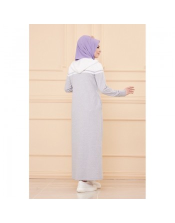 Robe longue à capuche fermeture zip (Boutique Mode Musulmane pour femmes voilées) - Couleur gris écru 