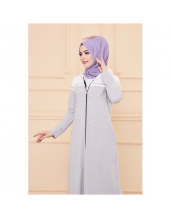 Robe longue à capuche fermeture zip (Boutique Mode Musulmane pour femmes voilées) - Couleur gris écru 