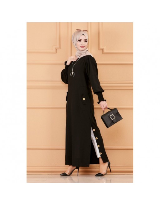 Robe chic avec boutons (Vêtement style habillé hijab - Boutique en France) - Couleur noir Robe chic avec boutons (Vêtement style habillé hijab - Boutique en France) - Couleur noir