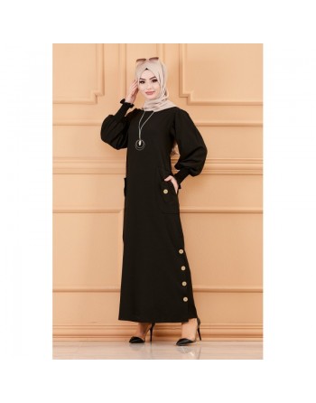 Robe chic avec boutons (Vêtement style habillé hijab - Boutique en France) - Couleur noir 