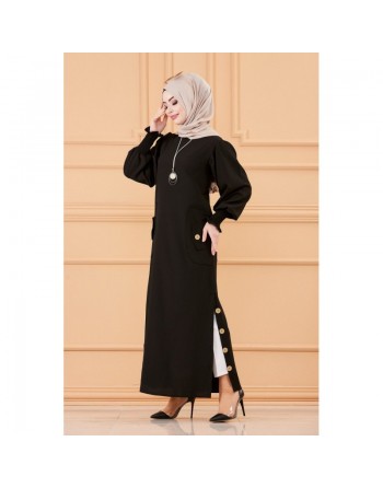 Robe chic avec boutons (Vêtement style habillé hijab - Boutique en France) - Couleur noir 
