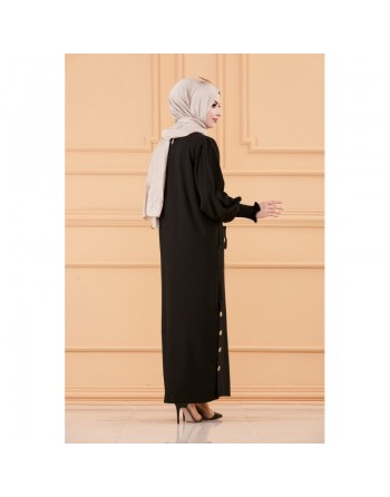 Robe chic avec boutons (Vêtement style habillé hijab - Boutique en France) - Couleur noir 