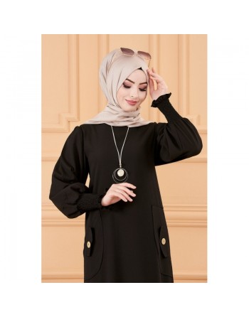 Robe chic avec boutons (Vêtement style habillé hijab - Boutique en France) - Couleur noir 