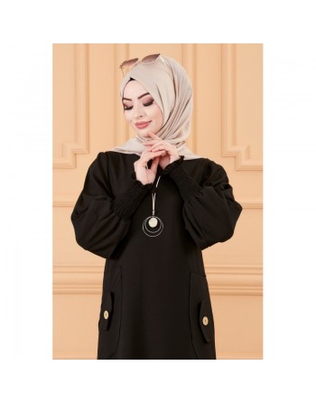 Robe chic avec boutons (Vêtement style habillé hijab - Boutique en France) - Couleur noir 