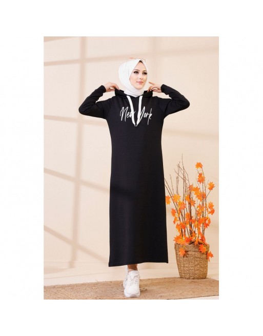 Robe évasée décontractée avec capuche style moderne et sport (Vetements pour femmes voilées) - Couleur noir 