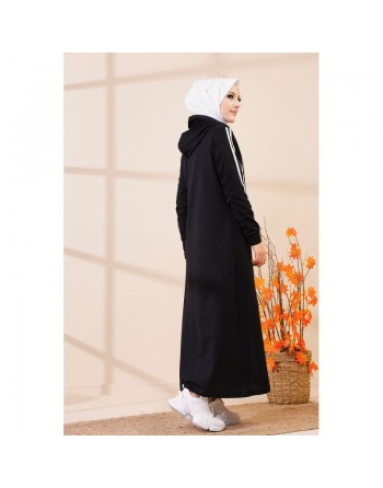 Robe évasée décontractée avec capuche style moderne et sport (Vetements pour femmes voilées) - Couleur noir 