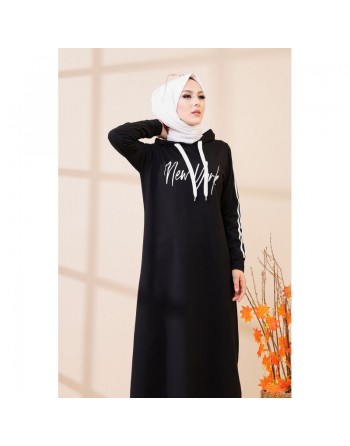 Robe évasée décontractée avec capuche style moderne et sport (Vetements pour femmes voilées) - Couleur noir 