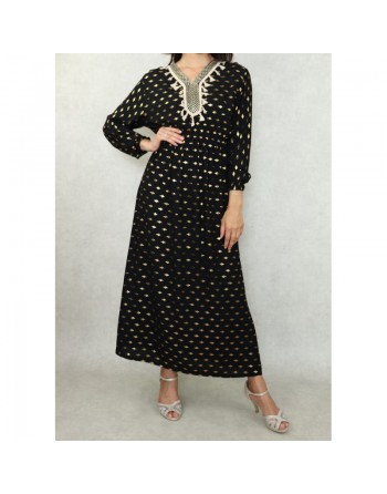 Robe longue avec motifs dorés broderies et pompons pour femme - Couleur Noir 