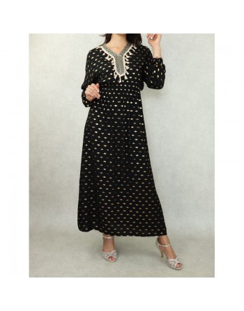 Robe longue avec motifs dorés broderies et pompons pour femme - Couleur Noir 