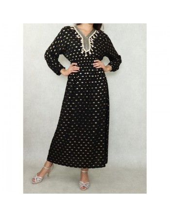 Robe longue avec motifs dorés broderies et pompons pour femme - Couleur Noir 