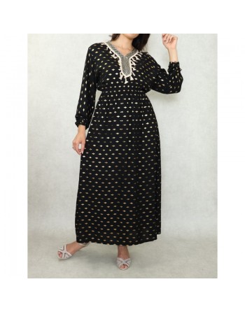 Robe longue avec motifs dorés broderies et pompons pour femme - Couleur Noir 