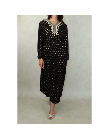 Robe longue avec motifs dorés broderies et pompons pour femme - Couleur Noir 