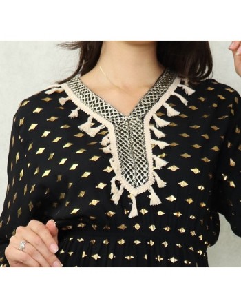 Robe longue avec motifs dorés broderies et pompons pour femme - Couleur Noir 