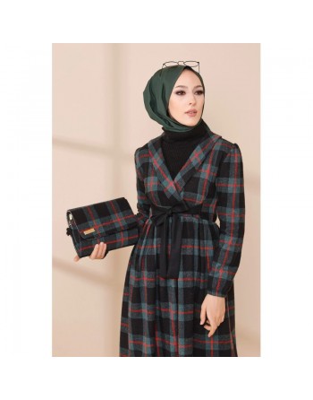 Ensemble Robe à carreaux avec sac à main assorti - Couleur vert émeraude 
