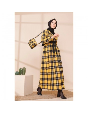 Ensemble Robe à carreaux avec sac à main assorti - Couleur noir et jaune moutarde 