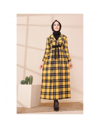 Ensemble Robe à carreaux avec sac à main assorti - Couleur noir et jaune moutarde 