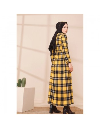Ensemble Robe à carreaux avec sac à main assorti - Couleur noir et jaune moutarde 