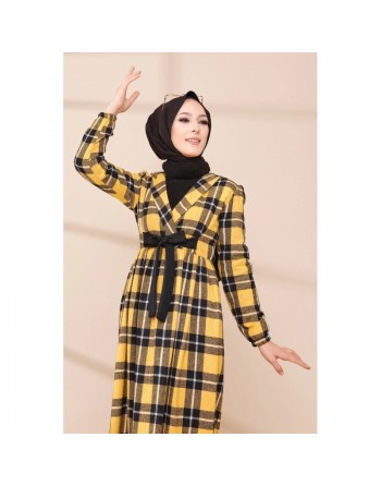 Ensemble Robe à carreaux avec sac à main assorti - Couleur noir et jaune moutarde 