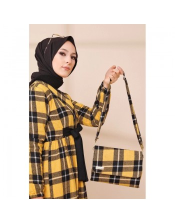 Ensemble Robe à carreaux avec sac à main assorti - Couleur noir et jaune moutarde 