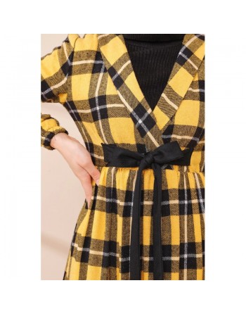 Ensemble Robe à carreaux avec sac à main assorti - Couleur noir et jaune moutarde 