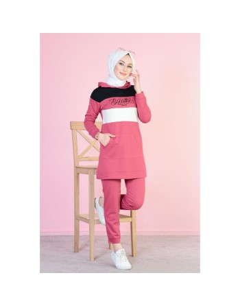 Survêtement tricolore à capuche imprimé "Breathe" (Vetement de sport pour femme musulmane) - Couleur Rose, noir et blanc 
