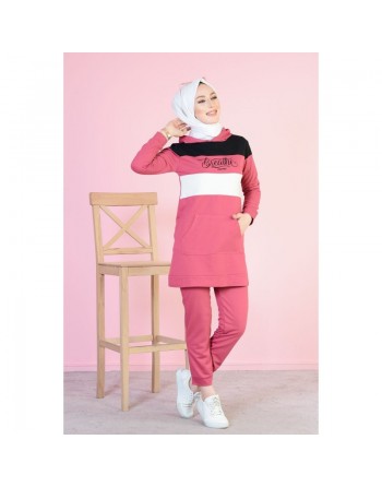 Survêtement tricolore à capuche imprimé "Breathe" (Vetement de sport pour femme musulmane) - Couleur Rose, noir et blanc 