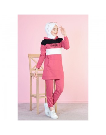 Survêtement tricolore à capuche imprimé "Breathe" (Vetement de sport pour femme musulmane) - Couleur Rose, noir et blanc 