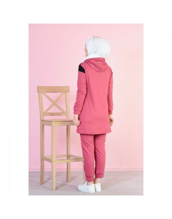 Survêtement tricolore à capuche imprimé "Breathe" (Vetement de sport pour femme musulmane) - Couleur Rose, noir et blanc 