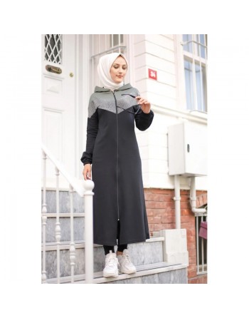 Cardigan long pour femme (Robe zippée à capuche style Sportswear pour femme voilée) - Couleur noir et kaki 