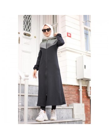 Cardigan long pour femme (Robe zippée à capuche style Sportswear pour femme voilée) - Couleur noir et kaki 