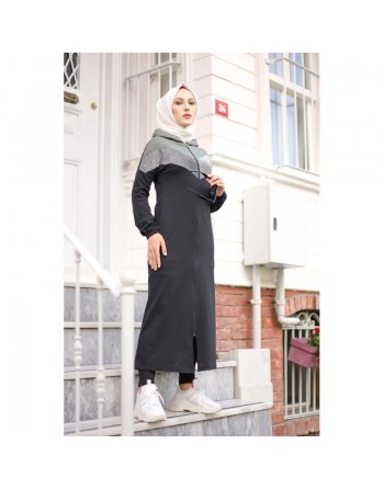 Cardigan long pour femme (Robe zippée à capuche style Sportswear pour femme voilée) - Couleur noir et kaki 