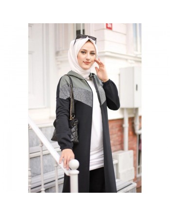 Cardigan long pour femme (Robe zippée à capuche style Sportswear pour femme voilée) - Couleur noir et kaki 