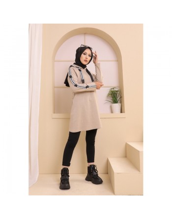 Sweatshirt long avec capuche style moderne décontracté et sport (Vetement voyage femme musulmane) - Couleur Beige 
