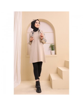 Sweatshirt long avec capuche style moderne décontracté et sport (Vetement voyage femme musulmane) - Couleur Beige 