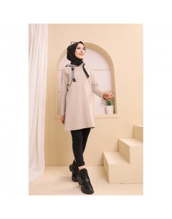 Sweatshirt long avec capuche style moderne décontracté et sport (Vetement voyage femme musulmane) - Couleur Beige 