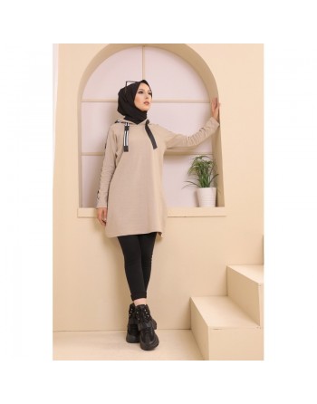 Sweatshirt long avec capuche style moderne décontracté et sport (Vetement voyage femme musulmane) - Couleur Beige 