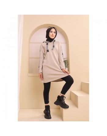 Sweatshirt long avec capuche style moderne décontracté et sport (Vetement voyage femme musulmane) - Couleur Beige 