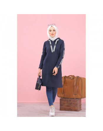 Sweatshirt long avec capuche style moderne décontracté et sport (Vetement voyage femme musulmane) - Couleur Bleu marine 