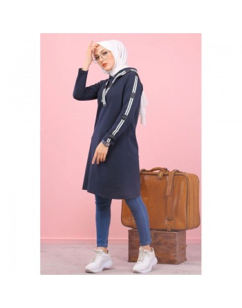 Sweatshirt long avec capuche style moderne décontracté et sport (Vetement voyage femme musulmane) - Couleur Bleu marine 