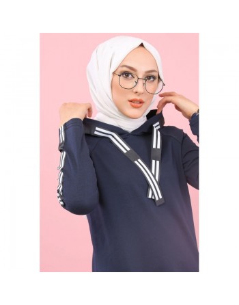 Sweatshirt long avec capuche style moderne décontracté et sport (Vetement voyage femme musulmane) - Couleur Bleu marine 