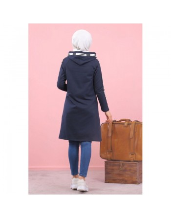 Sweatshirt long avec capuche style moderne décontracté et sport (Vetement voyage femme musulmane) - Couleur Bleu marine 